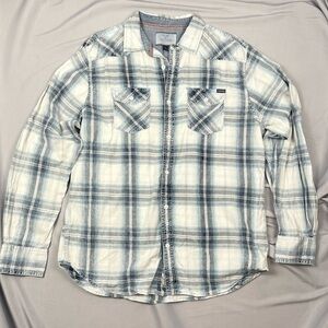 Flag & Anthem Plaid Shirt L Blue White Soft Casual Button Down